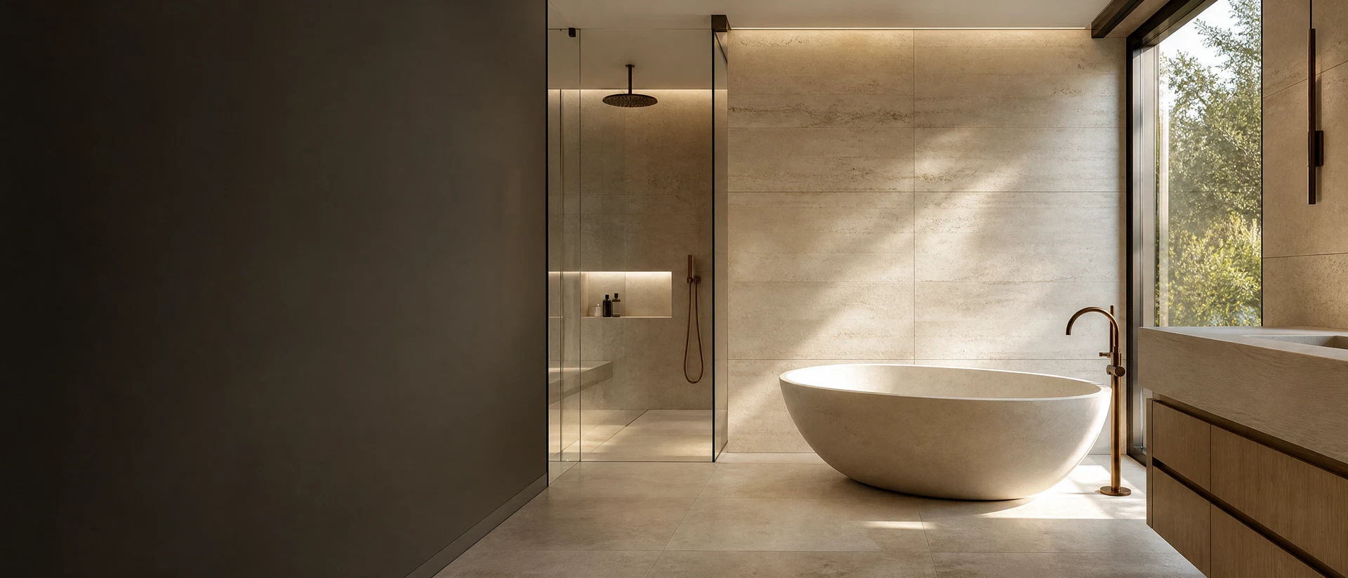 Luxury bathroom renovation with stone finishes