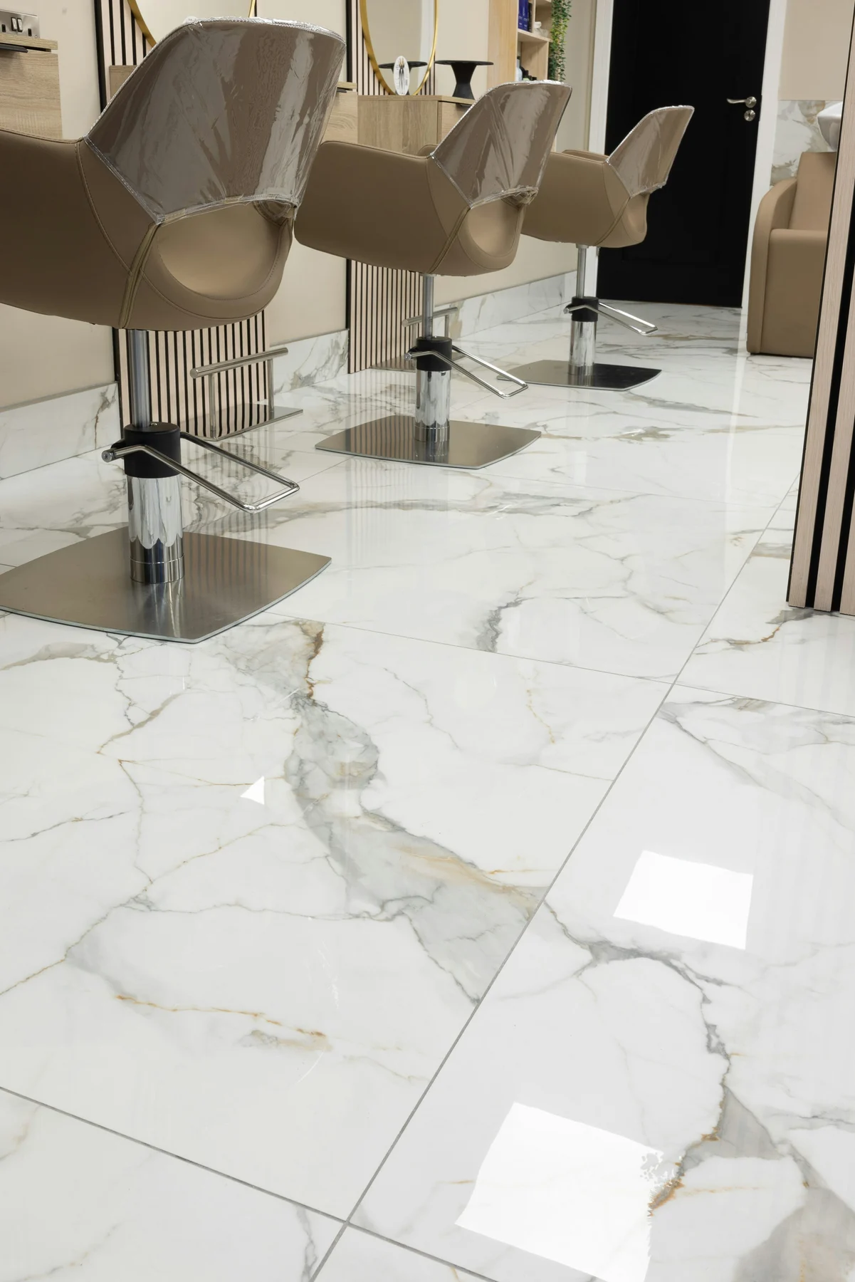 Large-format porcelain floor installation